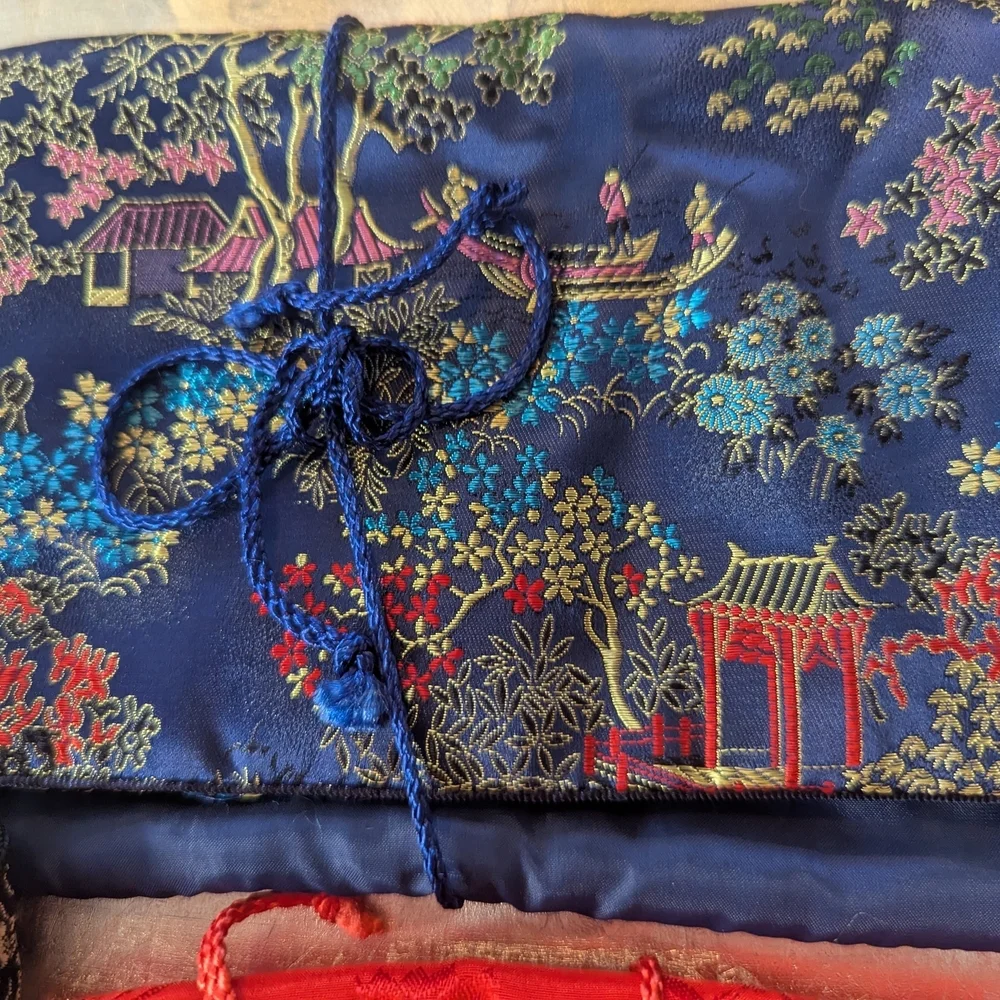 Asian 3 Silky Jewelry Travel Pouches Set Tie String Embroidery
